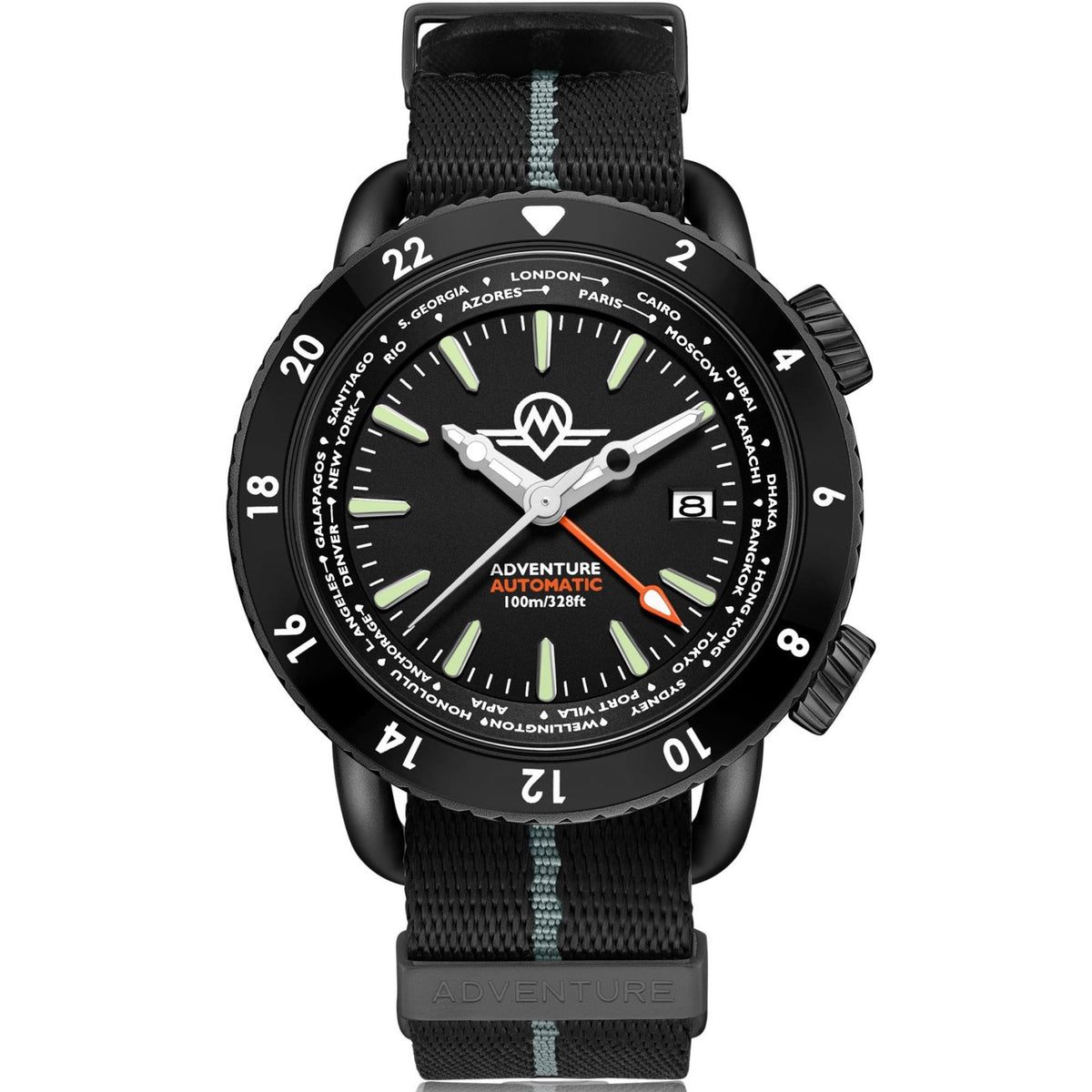 Monro Adventure Automatic Urban Black MA-5 watch with black rubber strap front view