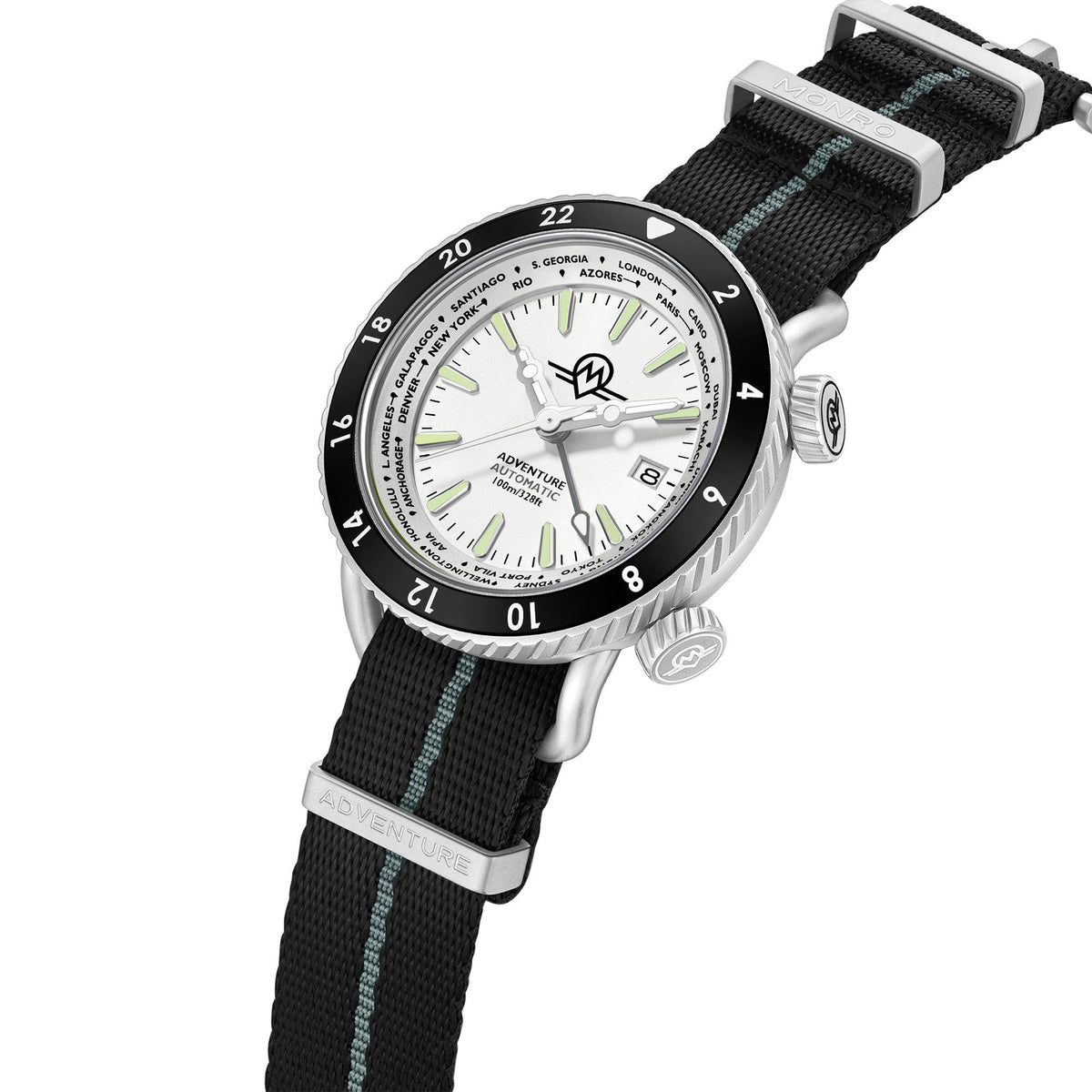 Men's automatic watch with white dial, black bezel, black fabric strap with teal stripe