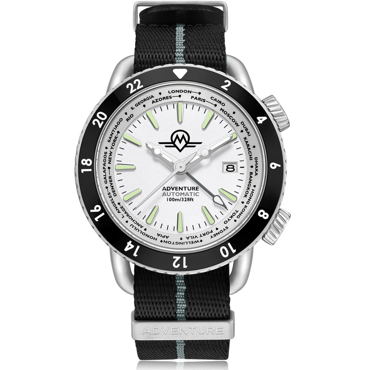 Men's automatic watch with white dial, black bezel, and black fabric strap with green stripe