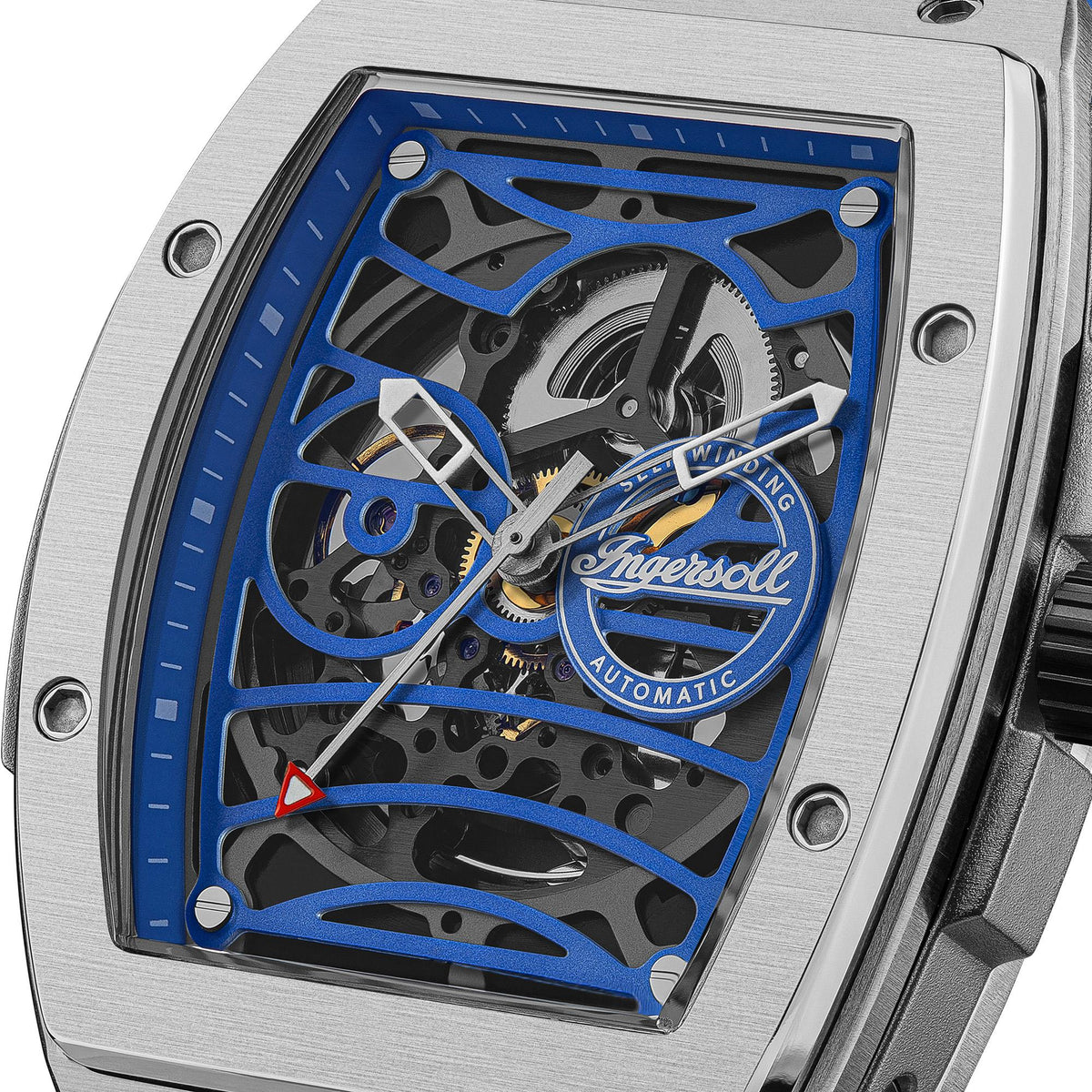 Ingersoll men's automatic skeleton watch dial close-up with blue frame and visible gears