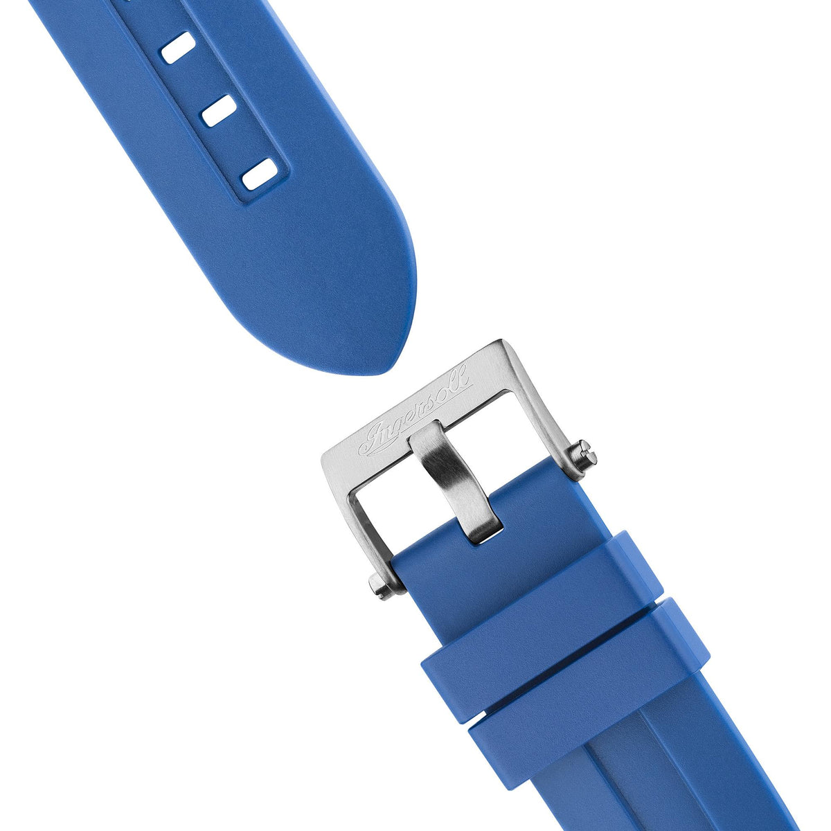 Blue rubber watch strap with metal buckle clasp and pin for men’s automatic watch