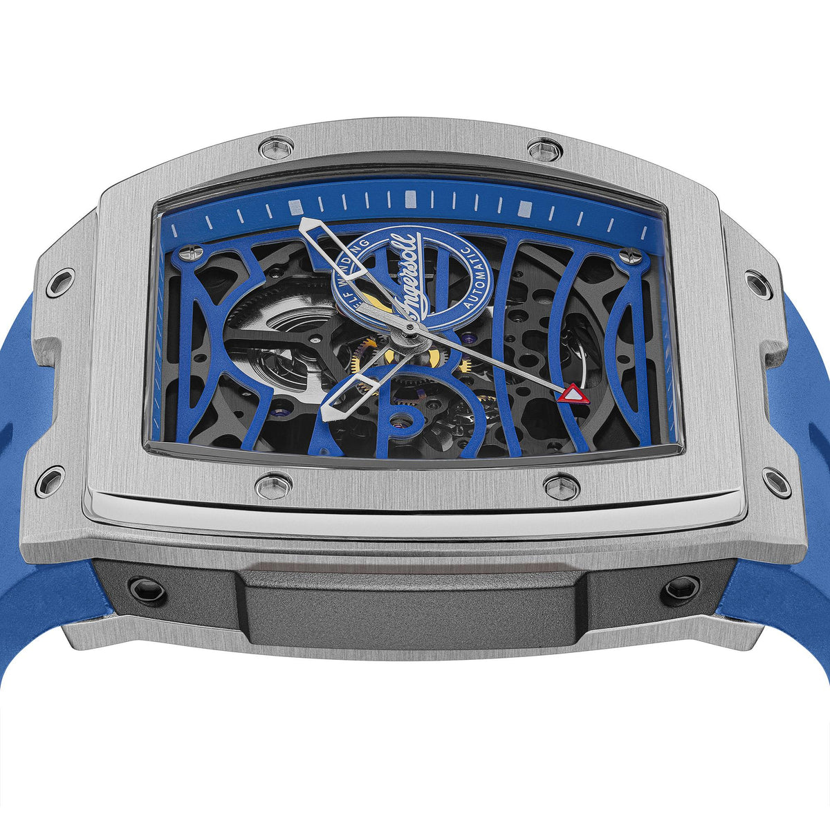 Ingersoll automatic men's watch with blue skeleton dial and metal bridge details