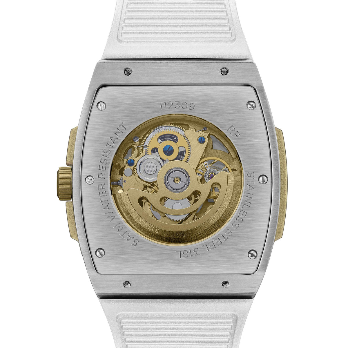 Men's automatic watch with white PU strap, square steel case, visible gold movement through back