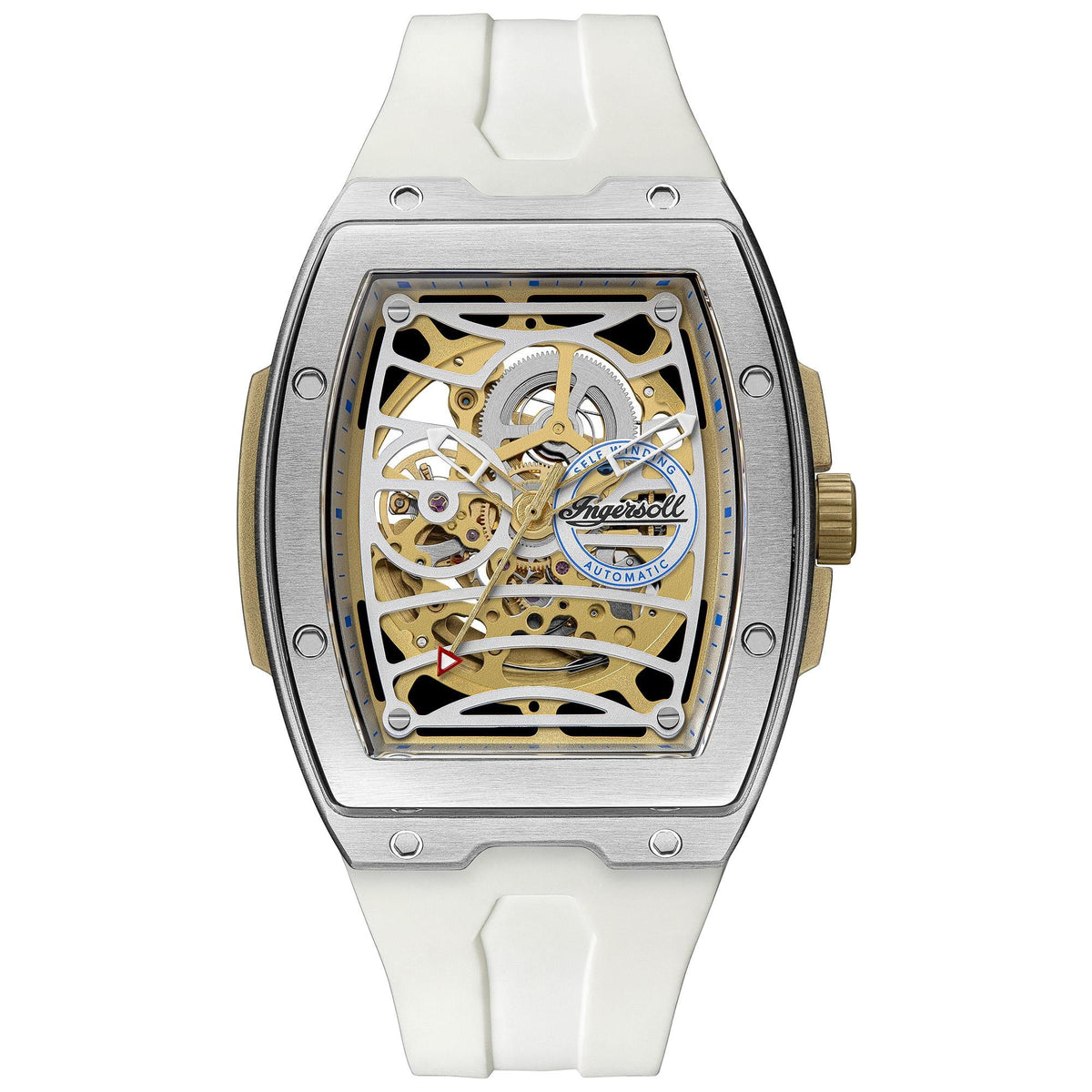 Men's automatic skeleton watch with stainless steel bezel and white PU strap, open dial view