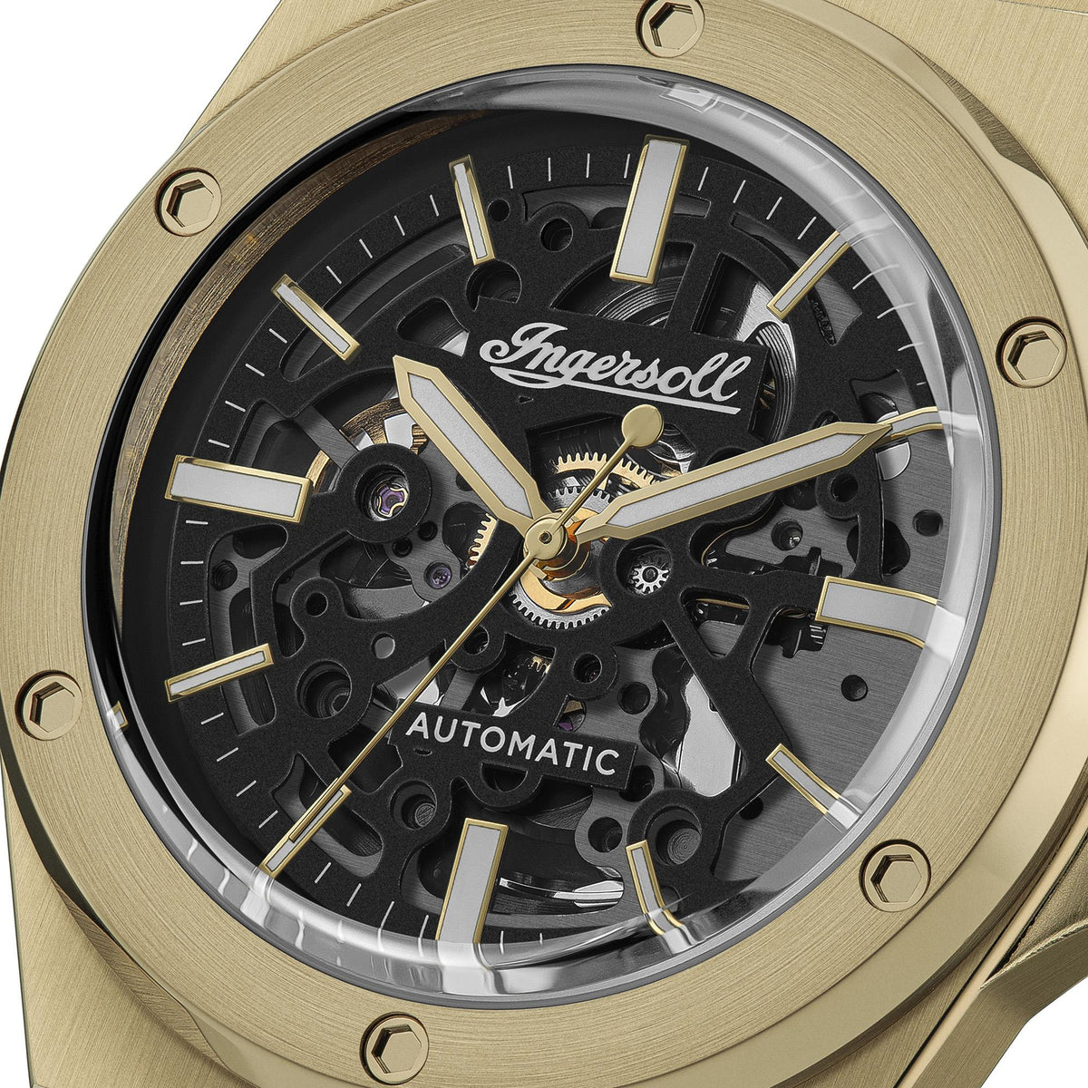 Men's automatic skeleton watch dial close-up, black movement with gold hands