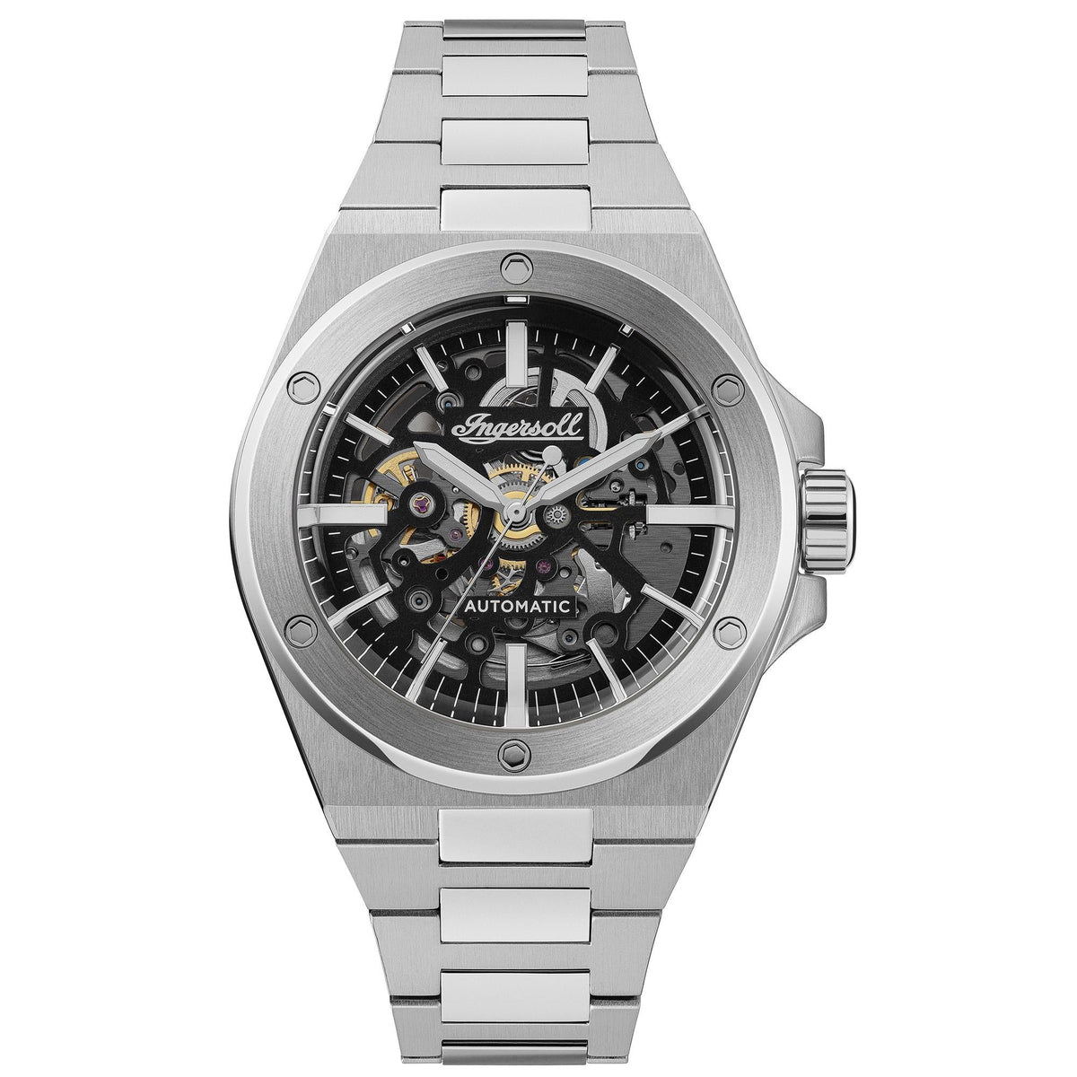 Ingersoll men's automatic watch with black skeleton dial and silver stainless steel bracelet