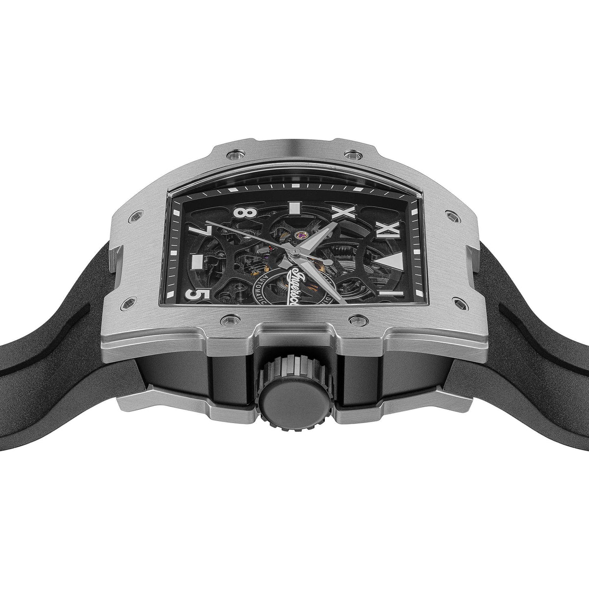 Men's automatic skeleton watch with black dial, silver case, black strap