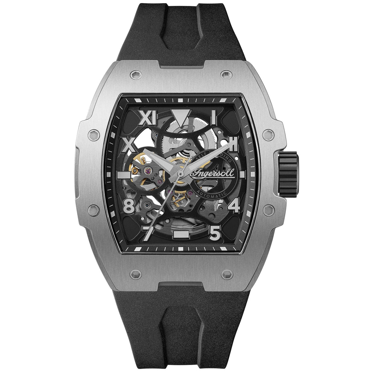 Men's automatic skeleton watch front view, black dial with exposed gears, silver case and black PU strap