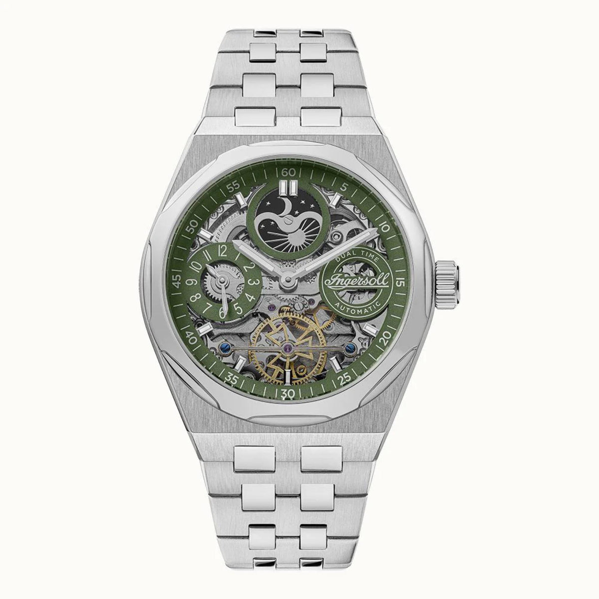 Ingersoll men's automatic watch with green dial and silver stainless steel bracelet, front view