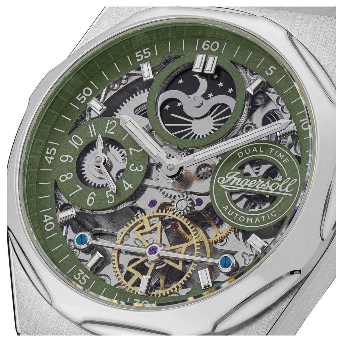 Ingersoll green dial close-up showing dual time subdials and automatic works