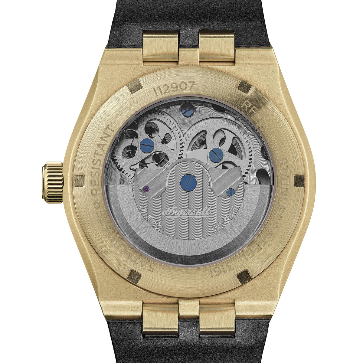 Men's automatic skeleton watch back view with gold-tone case and black PU strap
