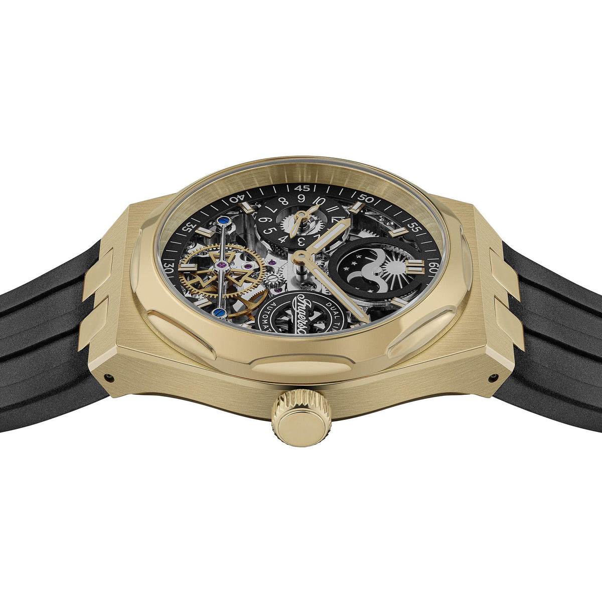 Men's automatic skeleton watch with black dial, gold-tone case, and black PU strap