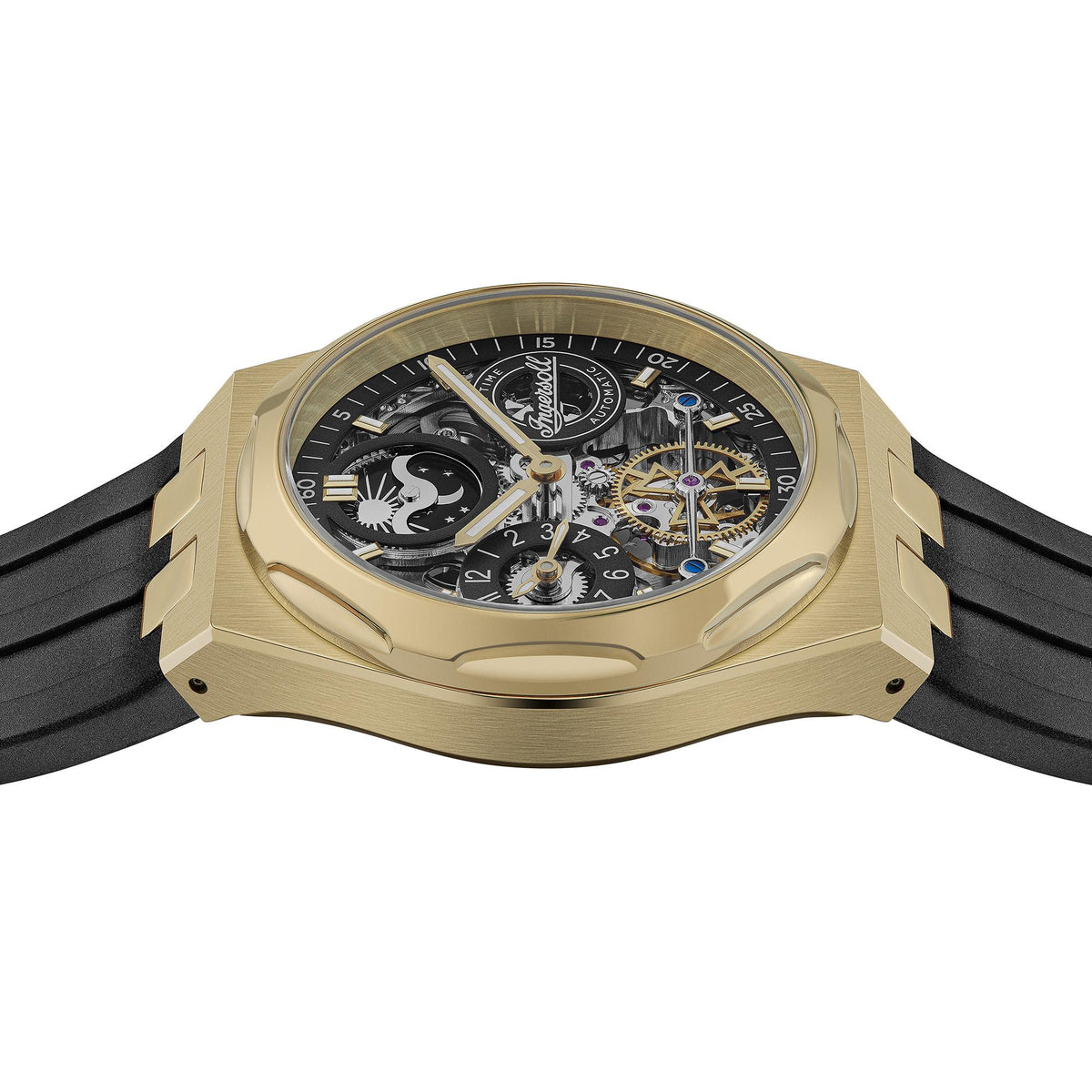 Men's automatic skeleton watch showing exposed gears on black dial, gold-tone case, black strap