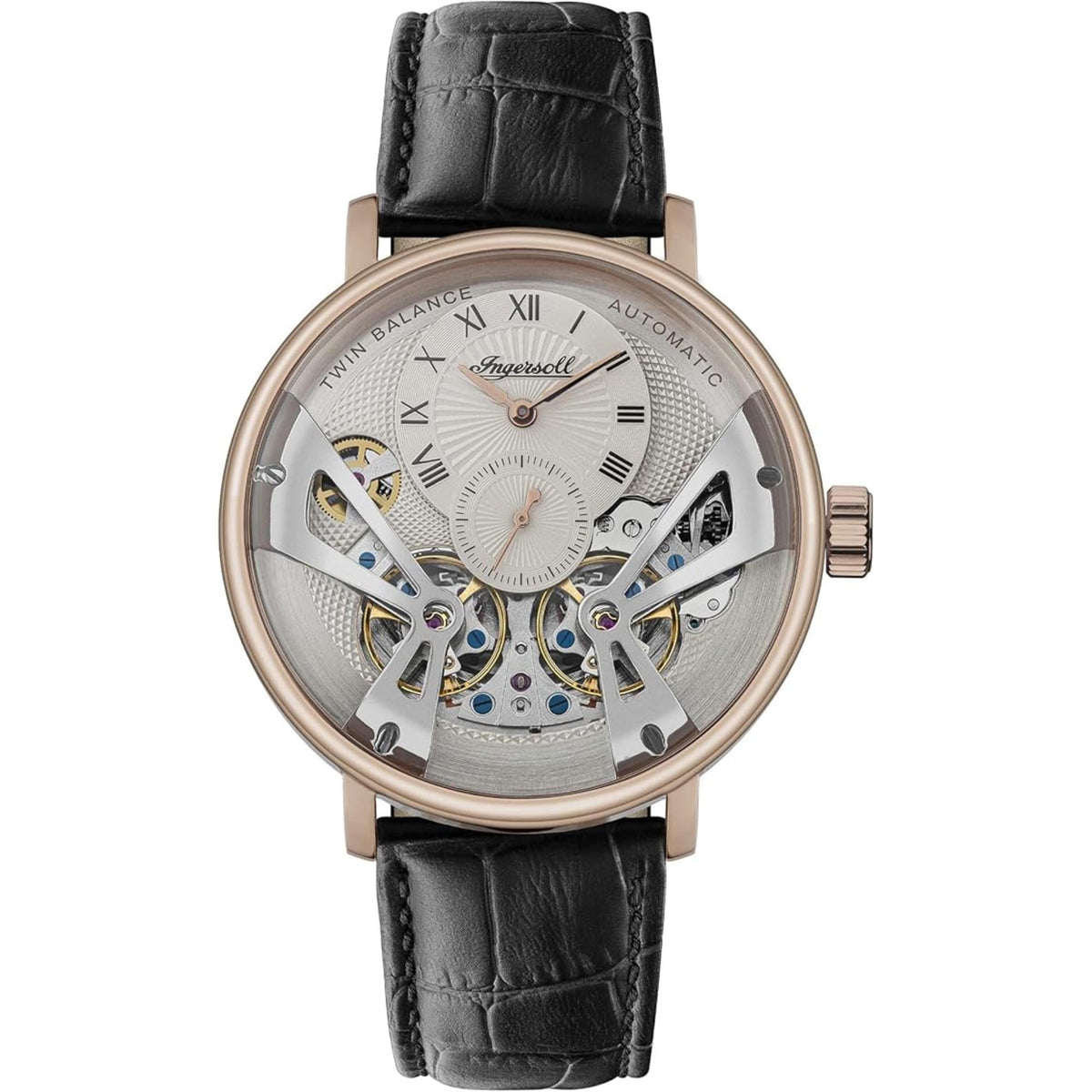 Ingersoll automatic skeleton men's watch with black leather strap and rose-toned case