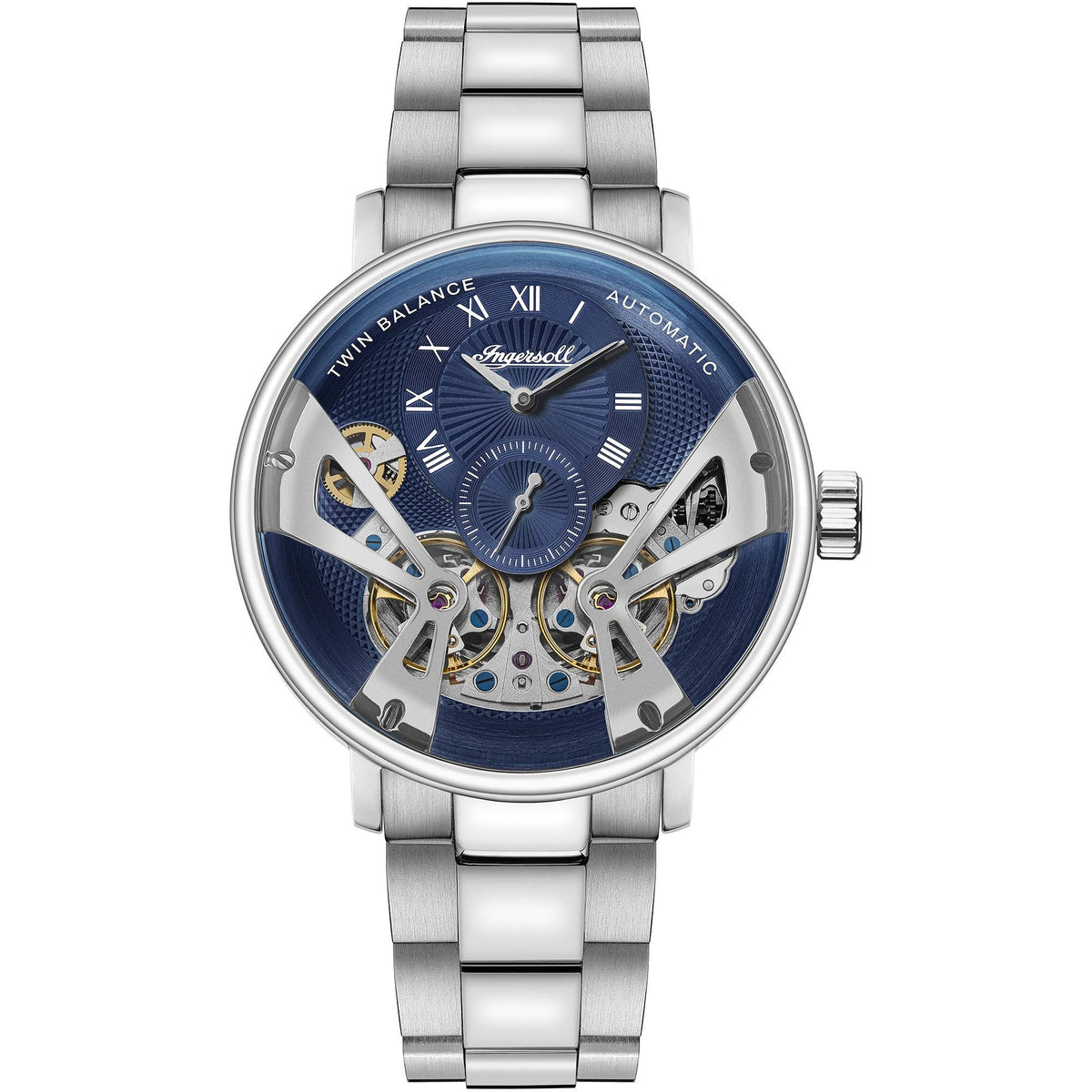 Blue dial automatic watch close-up with roman numerals and visible gearwork