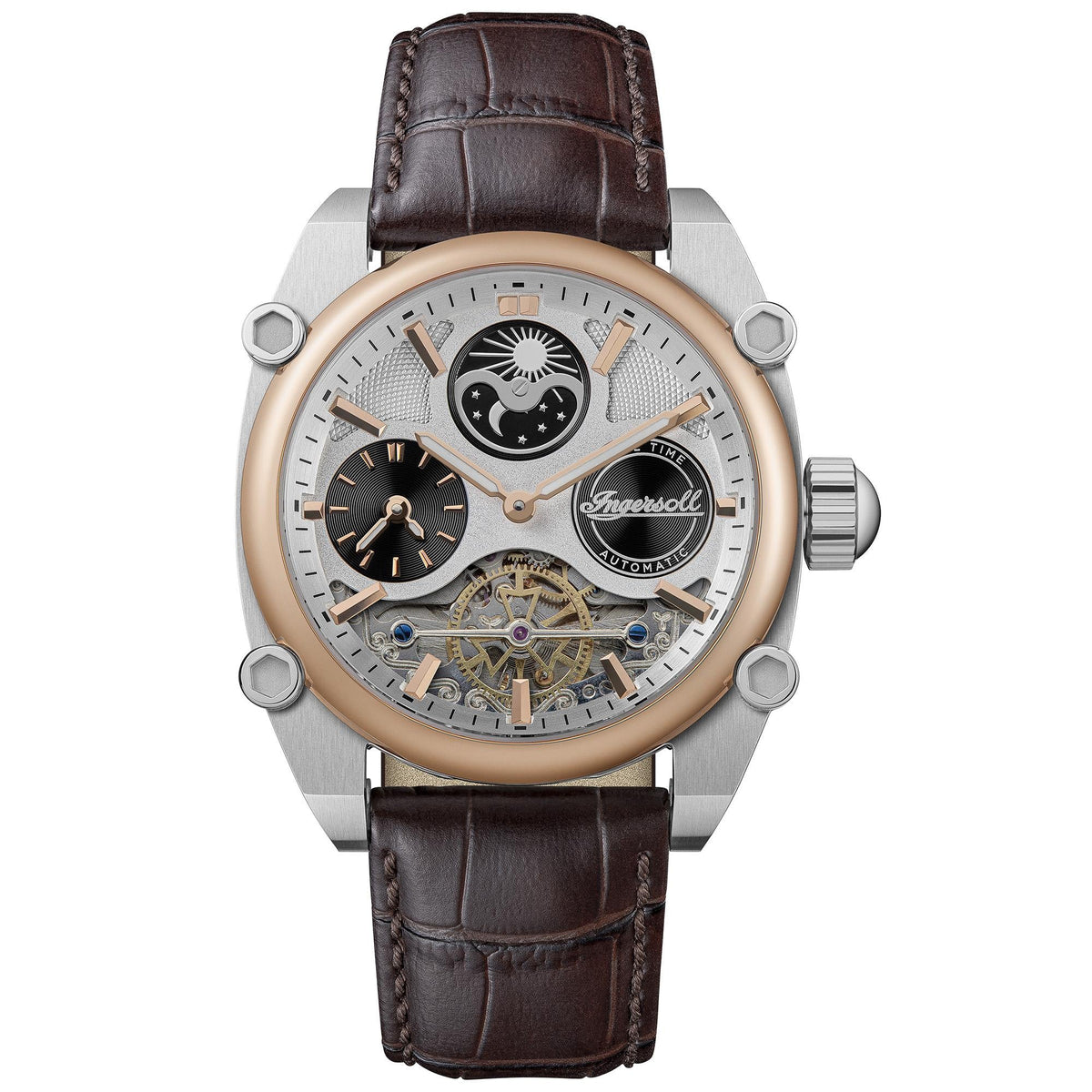 Men's automatic wristwatch with white dial and brown leather strap, silver case
