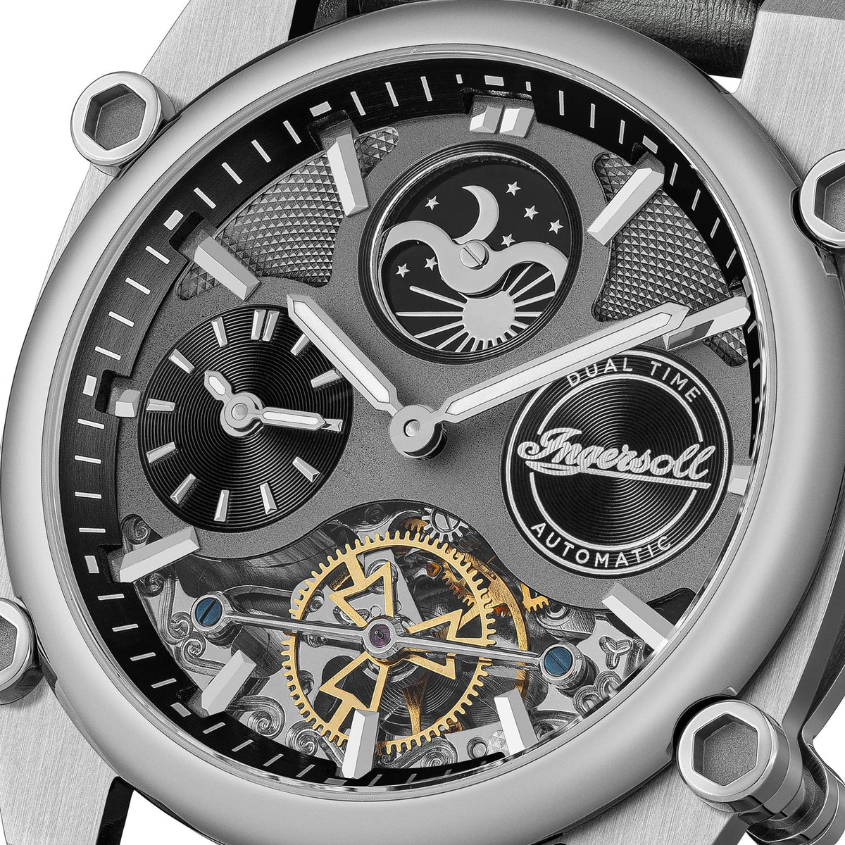 Automatic skeleton watch dial close-up with grey subdials and visible rotating gears