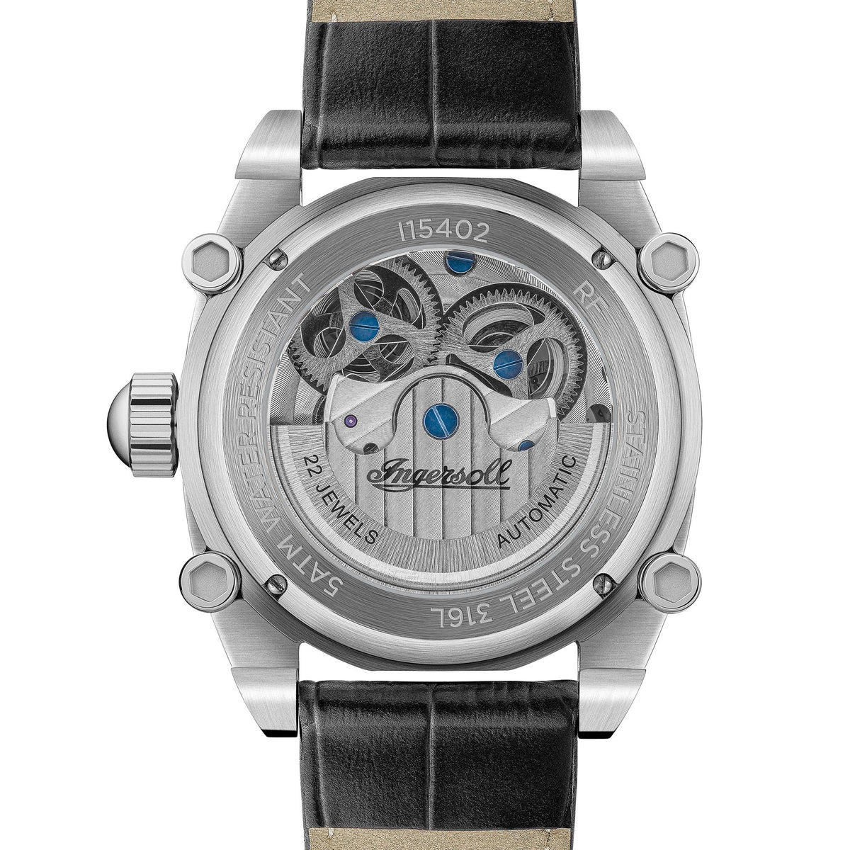 Automatic skeleton watch caseback with visible gears and '115402' marking, leather strap