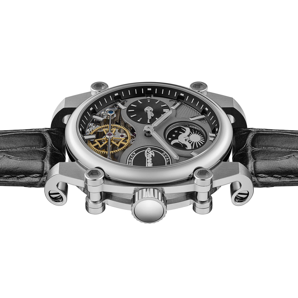 Automatic skeleton watch with grey dial, black leather strap, silver steel case