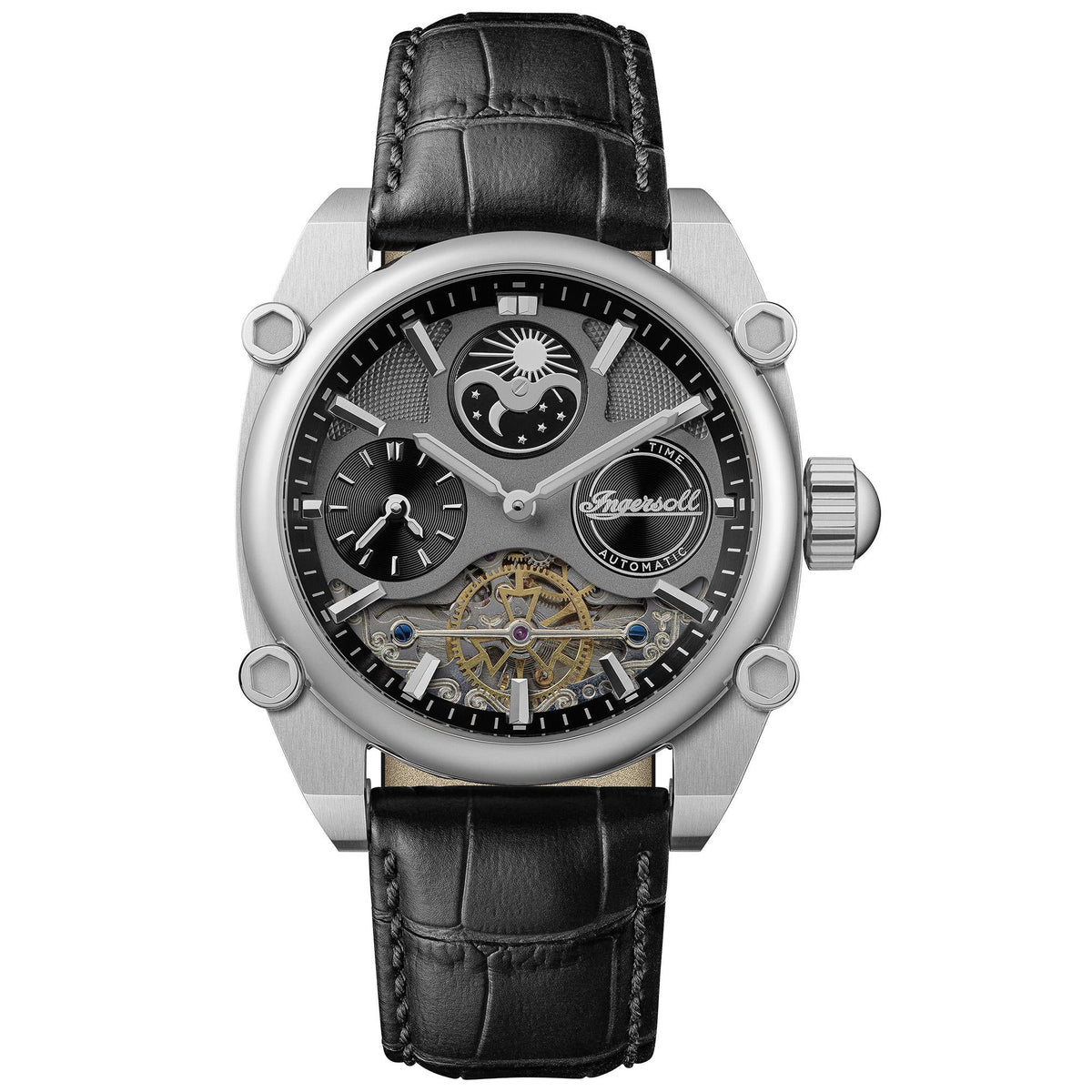 Automatic skeleton watch with grey dial, silver case, and black leather strap