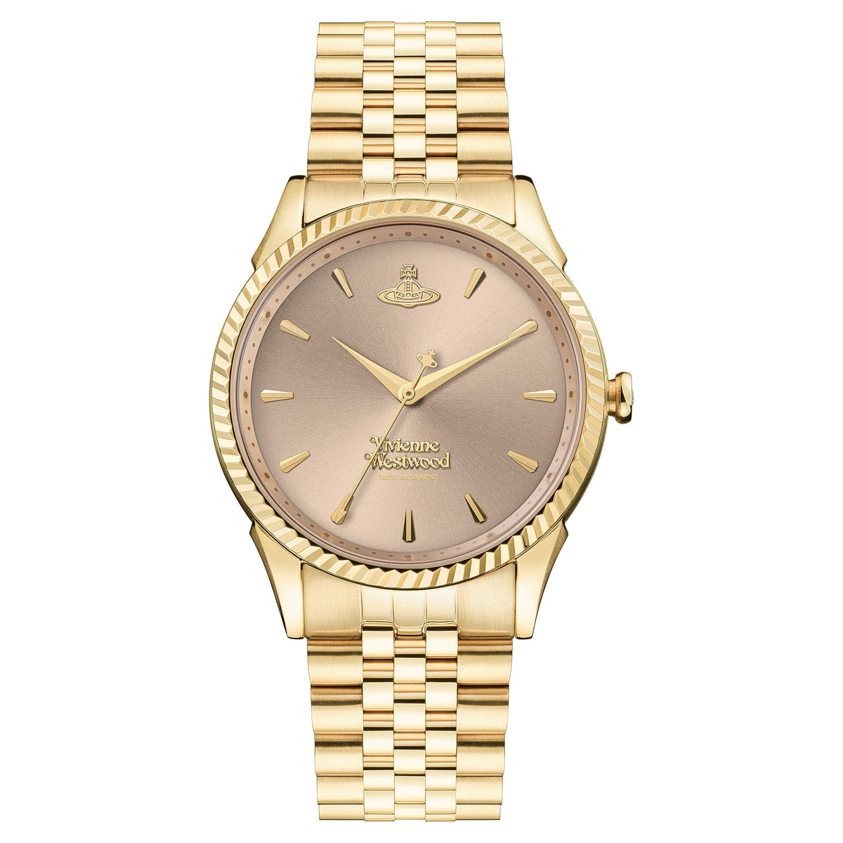 Vivienne Westwood ladies quartz watch with gold steel bracelet, pink dial and gold bezel details