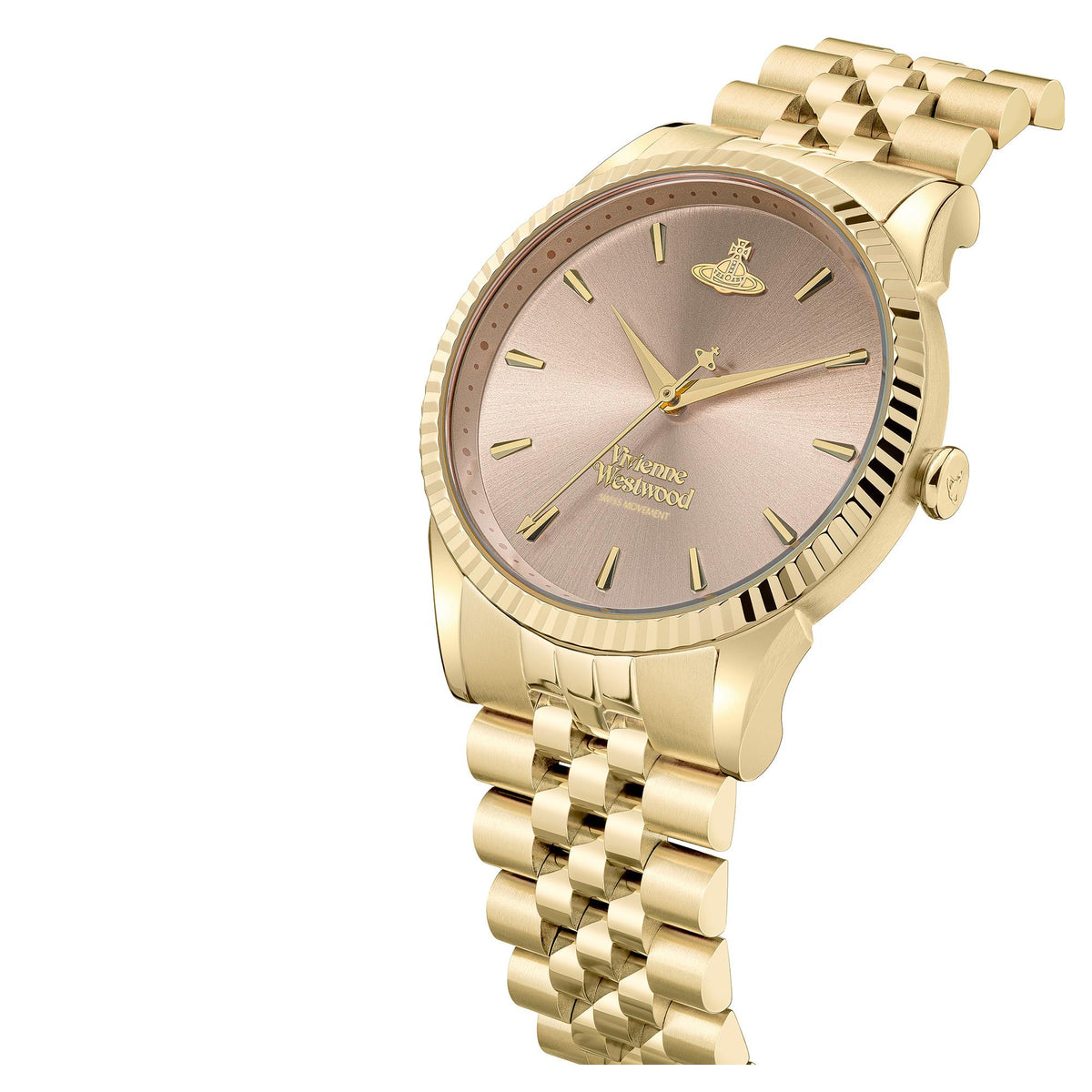 Vivienne Westwood watch angled view: gold steel bracelet, pink dial, crown at right side