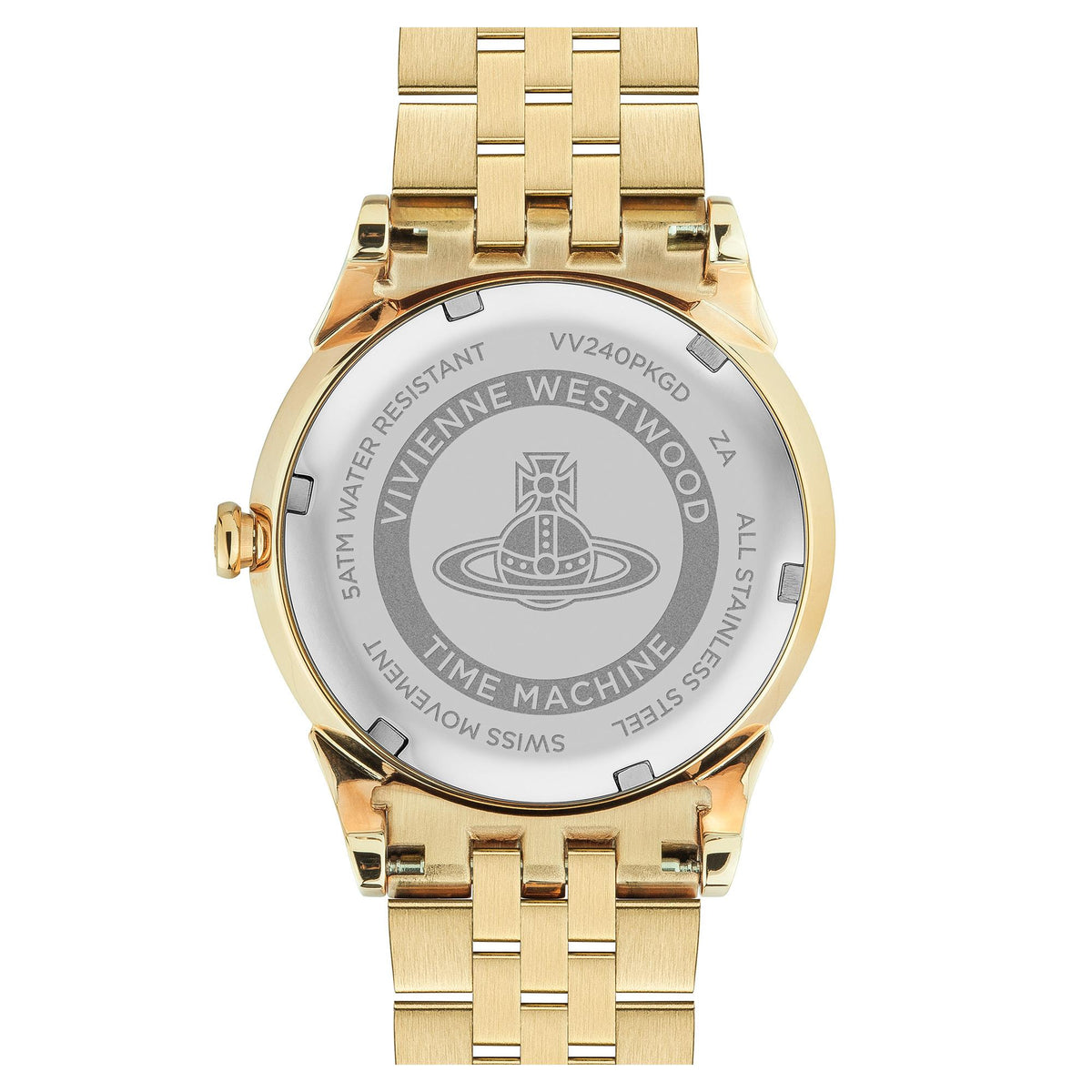 Gold-tone steel watch with engraved back case and link bracelet