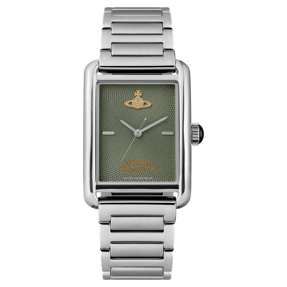 Stainless steel women’s quartz watch with green textured dial and metal link bracelet