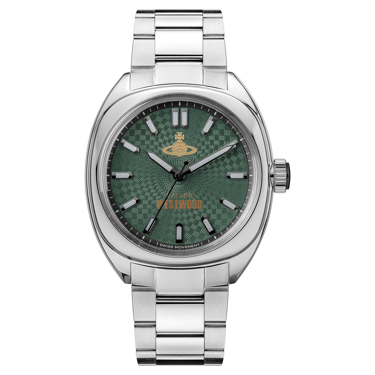 Men's steel quartz watch with green dial, gold crest and silver baton hands