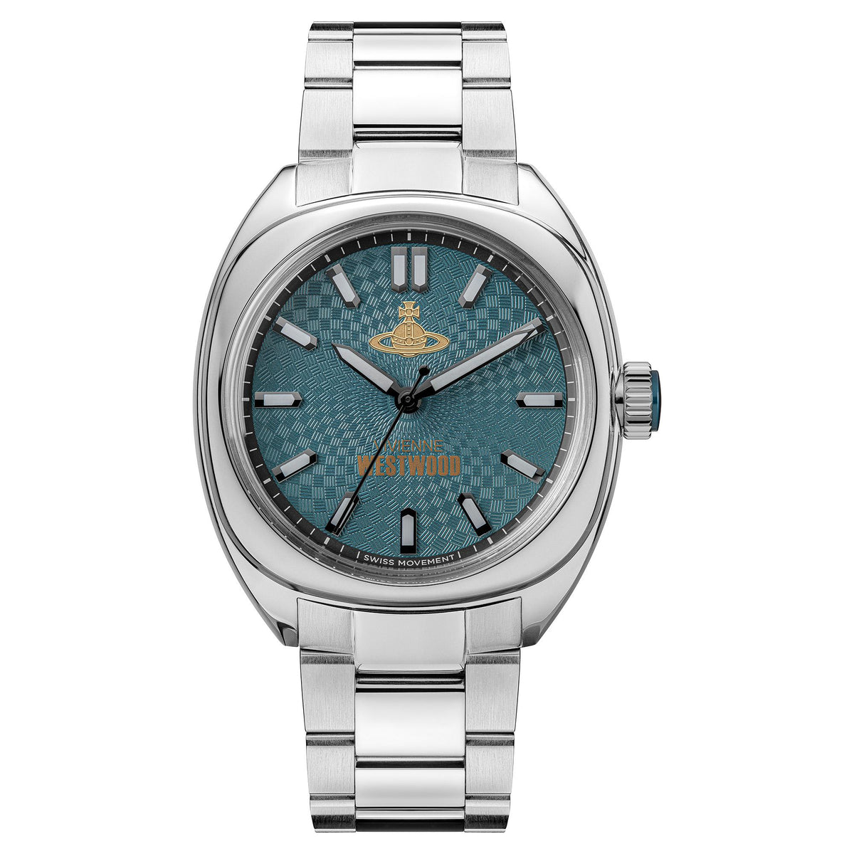 Men's stainless steel watch with teal textured dial, gold emblem, baton markers, metal bracelet.
