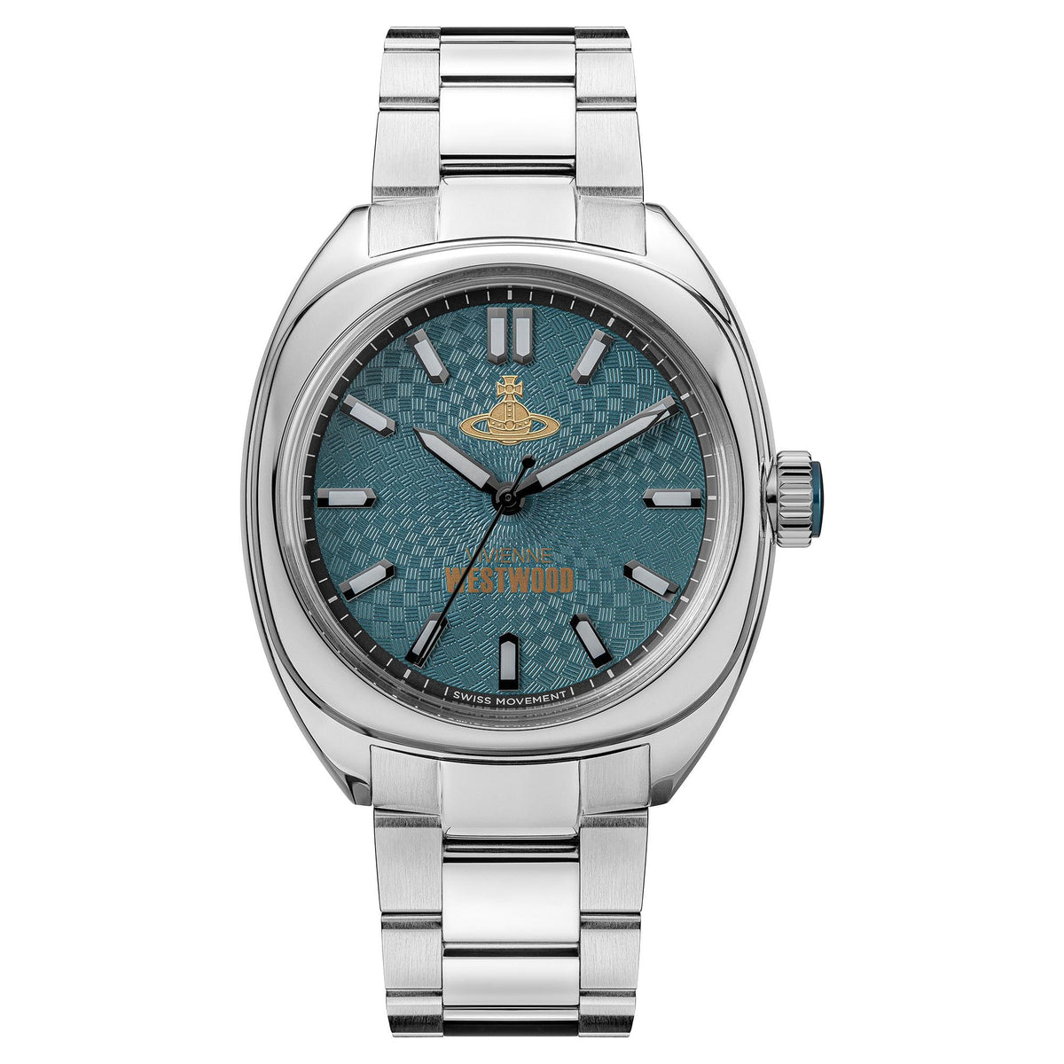Front-view men's stainless steel watch with teal dial, gold emblem, and metal bracelet.