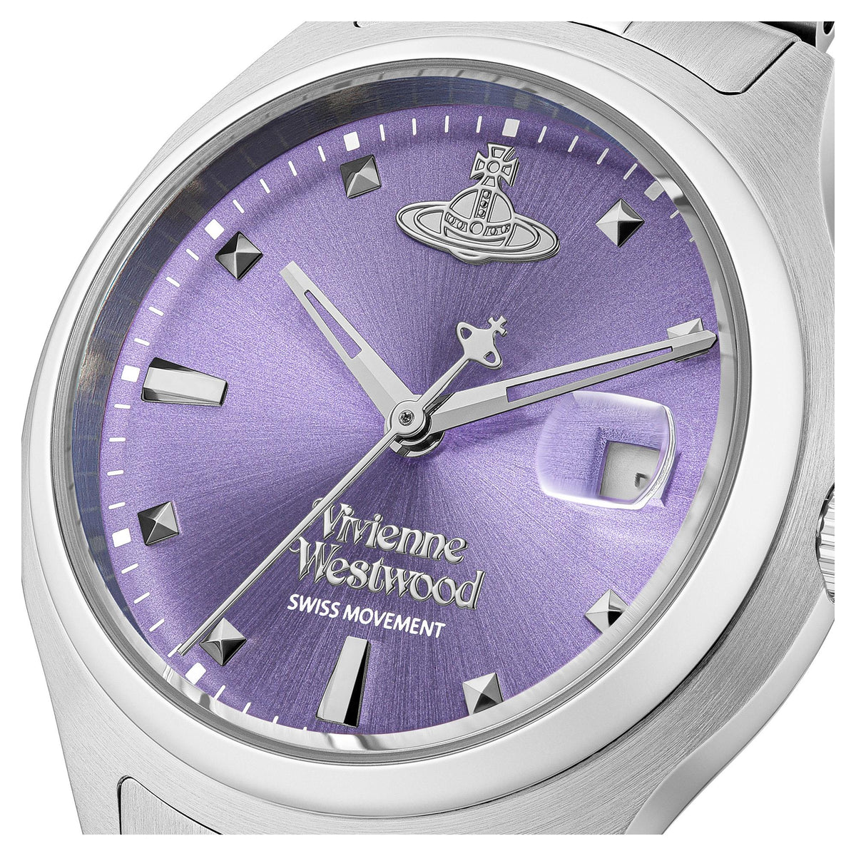 Vivienne Westwood women's watch with purple dial, silver case, and gemstone hour markers