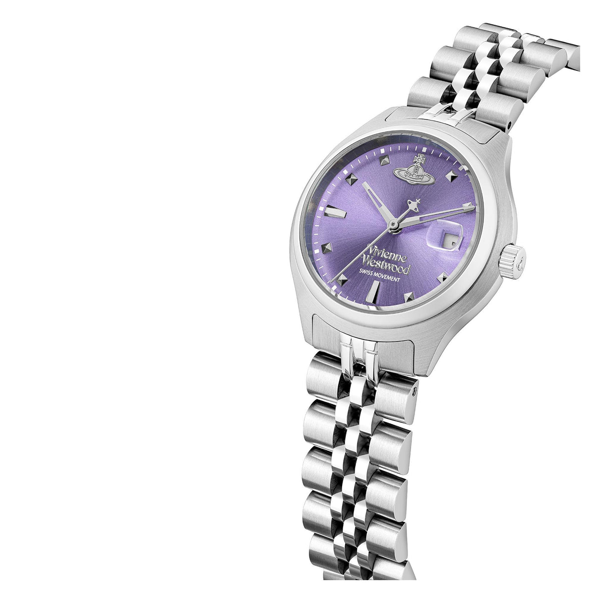 Vivienne Westwood women's watch with purple dial and silver bracelet links, side profile