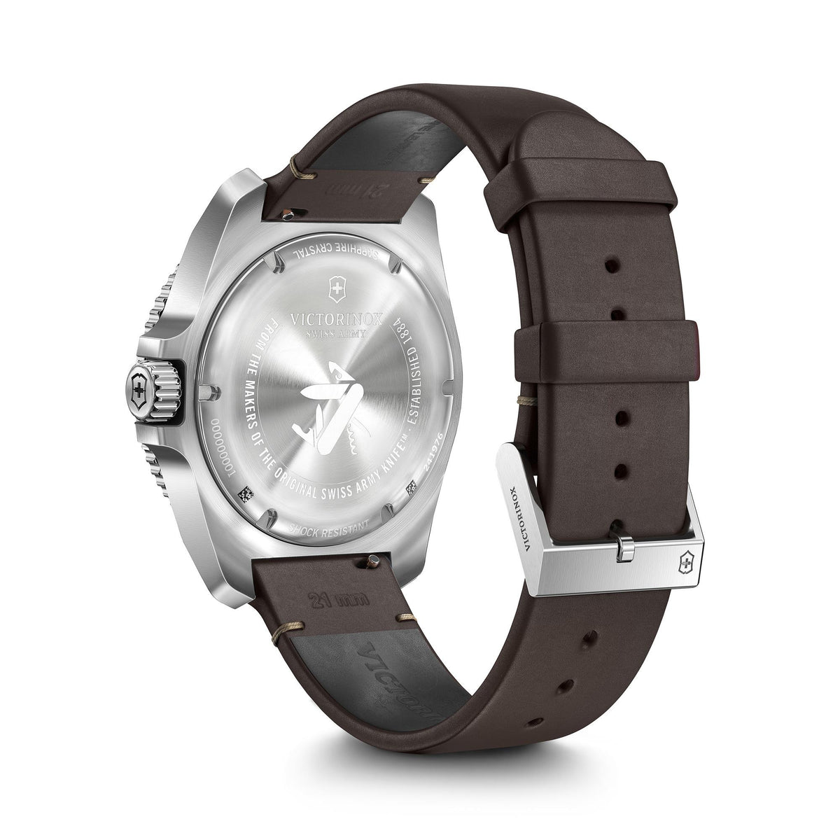 Men’s quartz wristwatch back view with silver caseback and brown leather strap.