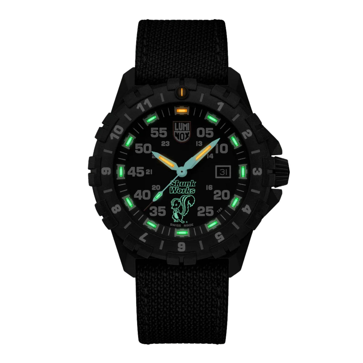 Men's black quartz watch with glowing green dial markers, colorful hands, and date window