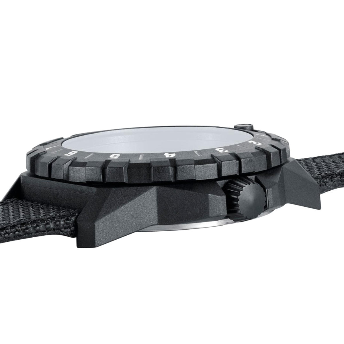 Men's black quartz wristwatch side view with rugged case and black textile strap