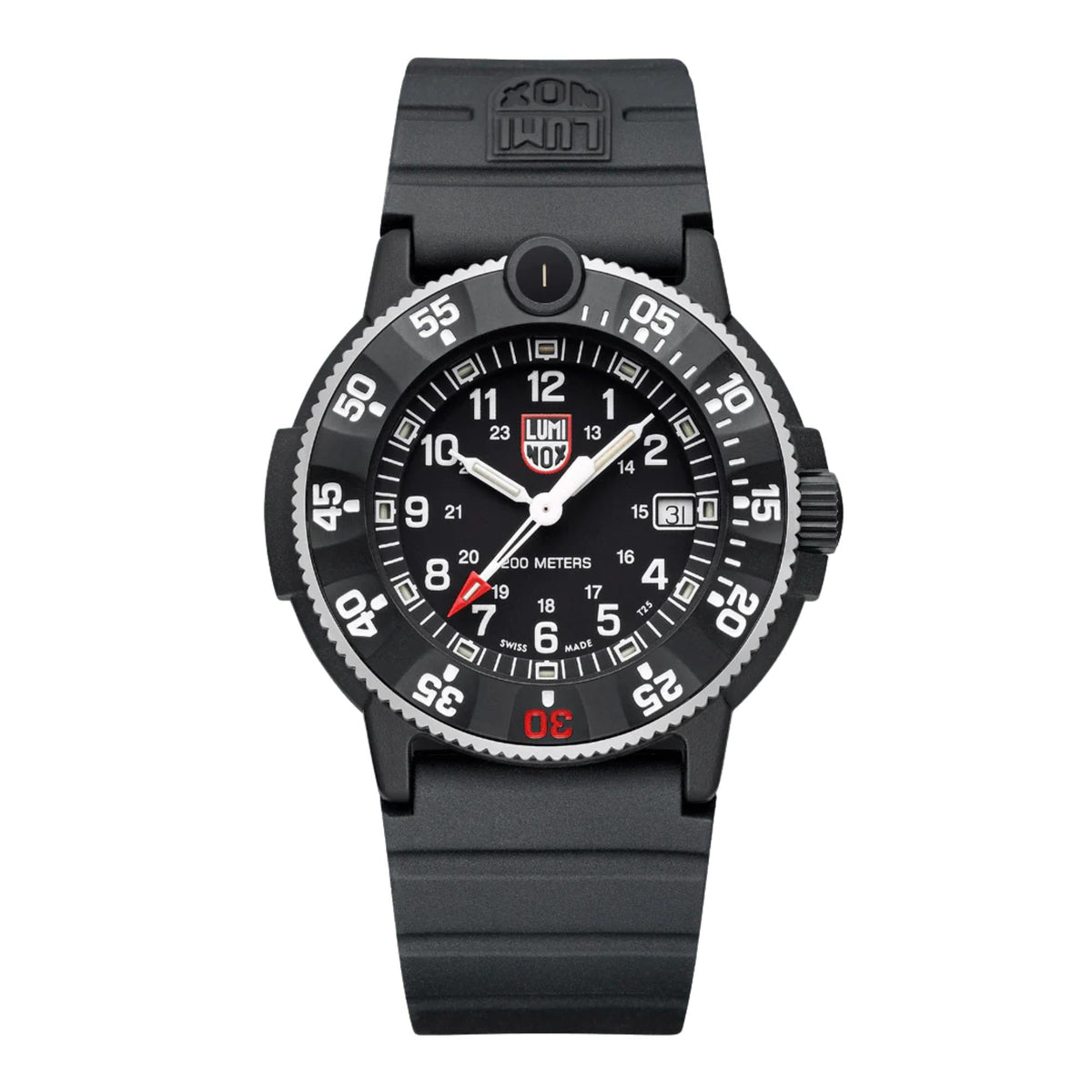 Men's black rubber dive watch with black dial, luminous markers, and rotating bezel