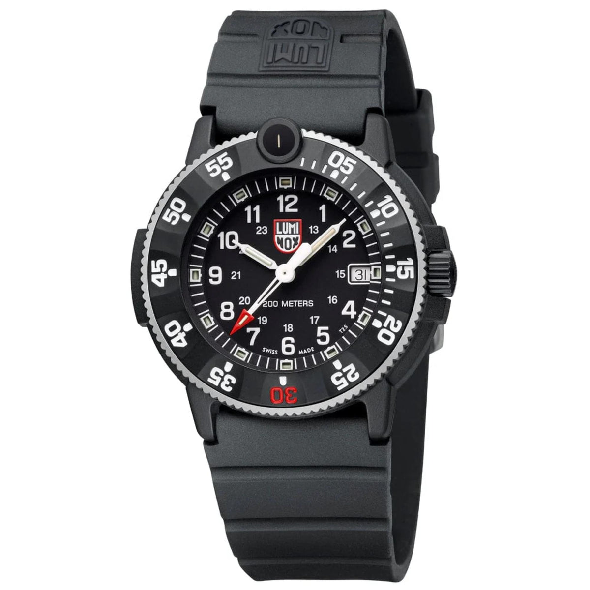 Men's black rubber quartz diver watch with black dial, luminous hands, and bezel