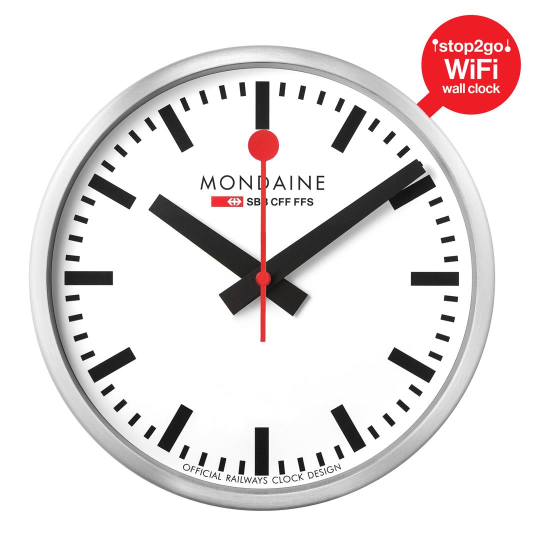 Mondaine stop2go Wi‑Fi wall clock with white dial, red hands, silver bezel