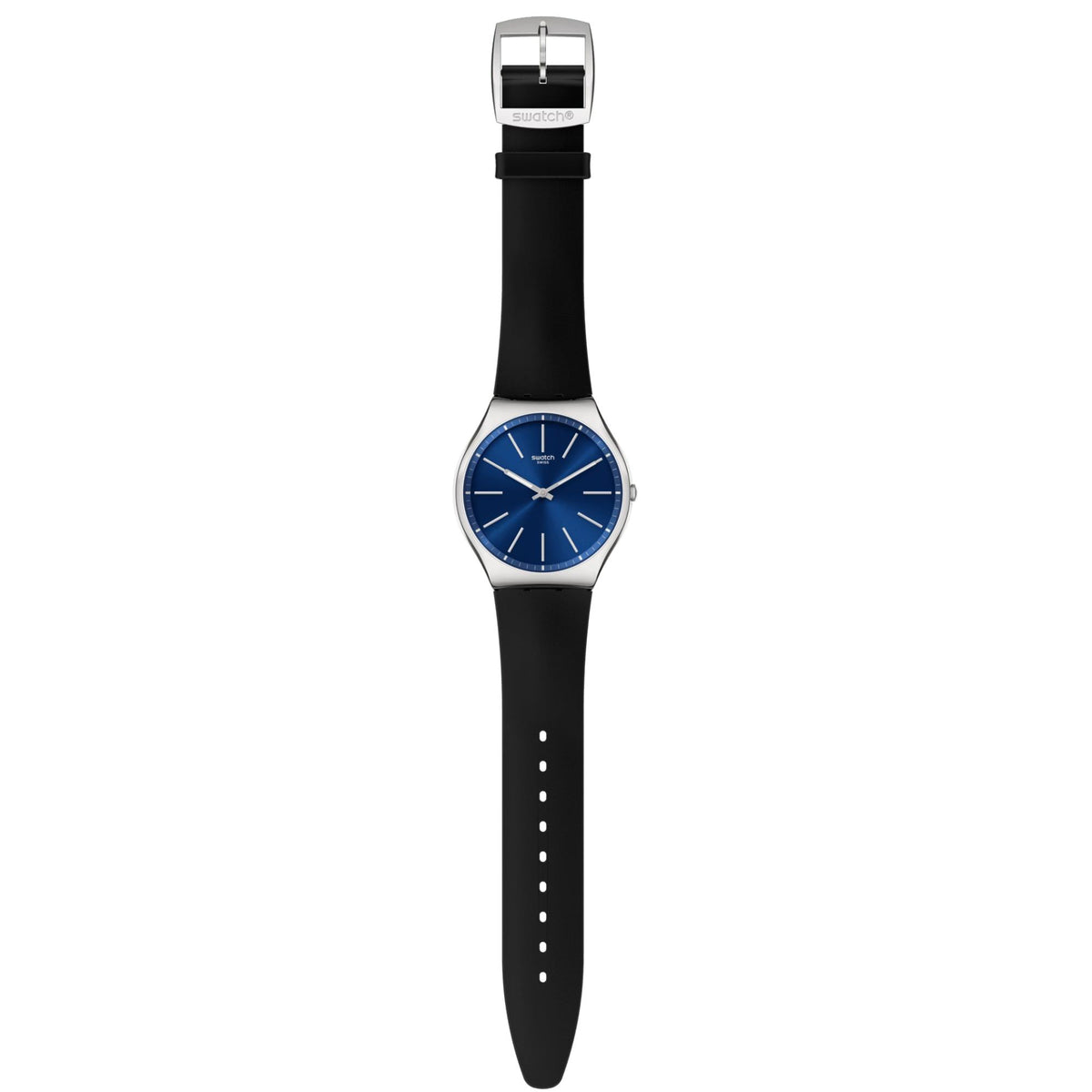 Upright view of quartz wristwatch with blue dial and black rubber strap.
