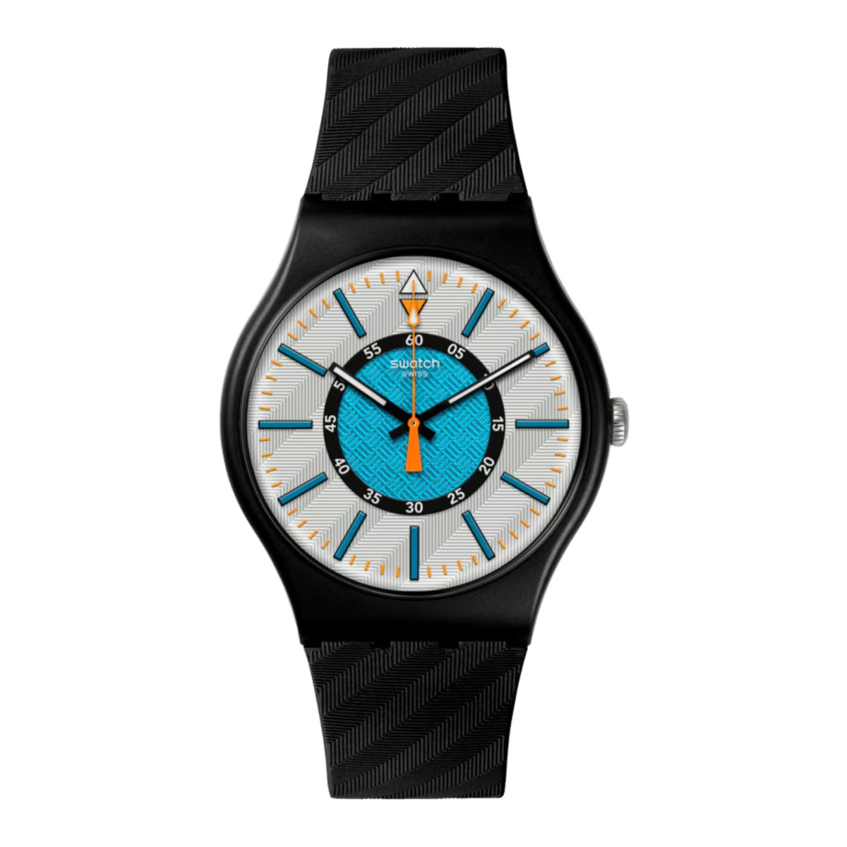 Swatch bioceramic wristwatch front view with black silicone strap, white dial and blue markers.