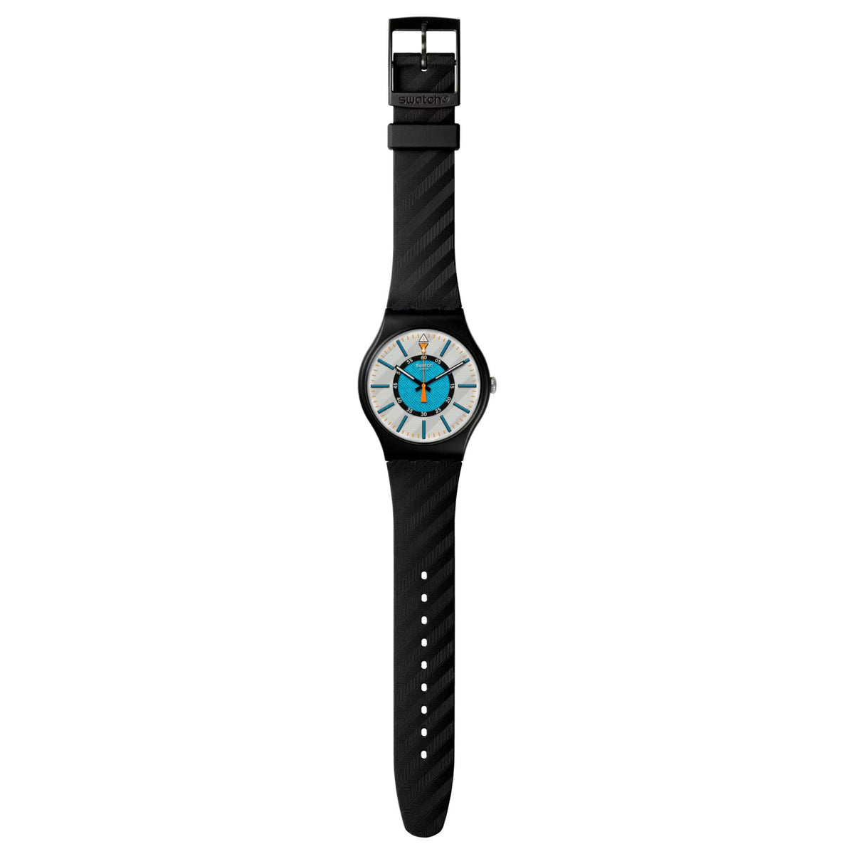 Black silicone watch with round dial and blue/orange markers