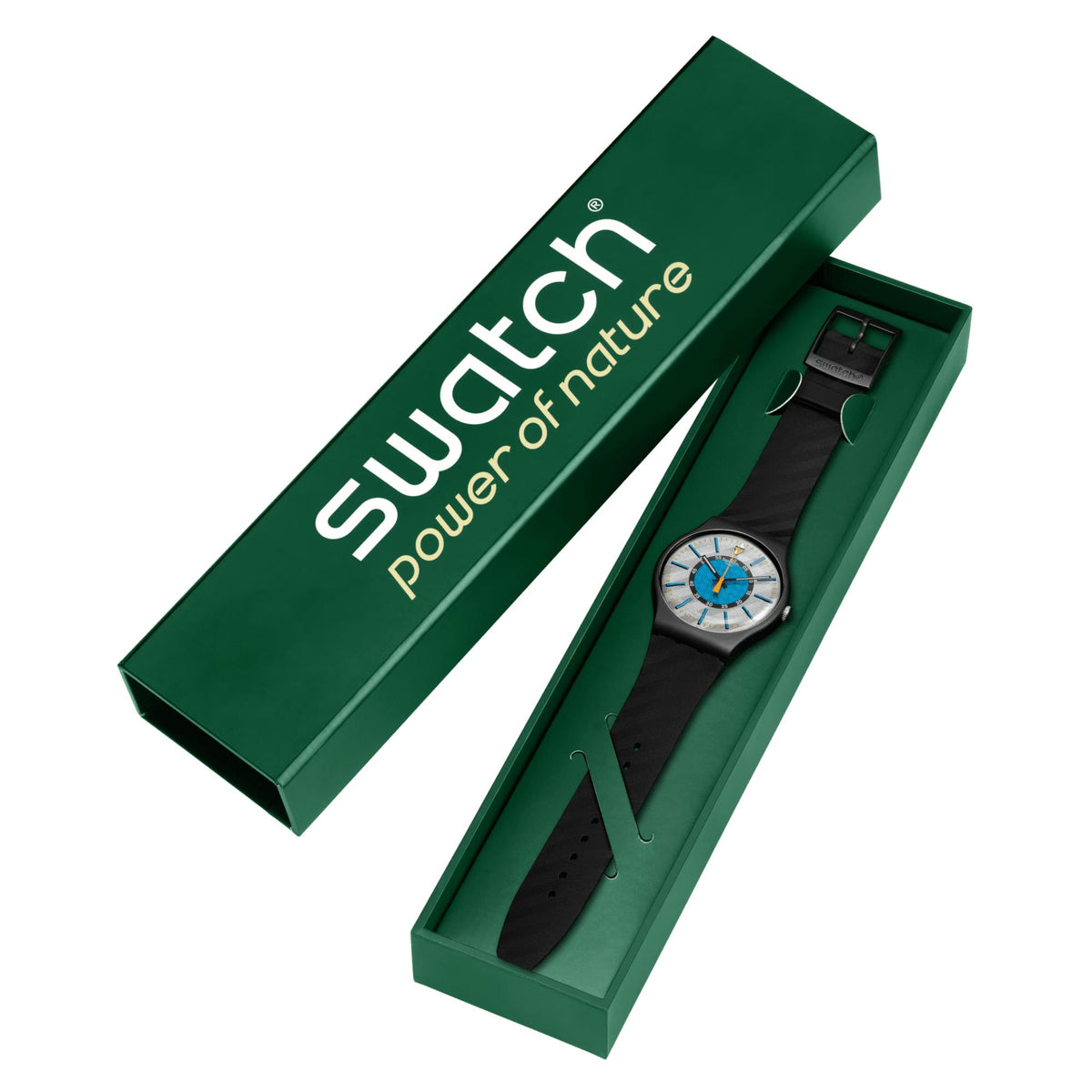 Black silicone watch with round blue-and-orange dial in green gift box