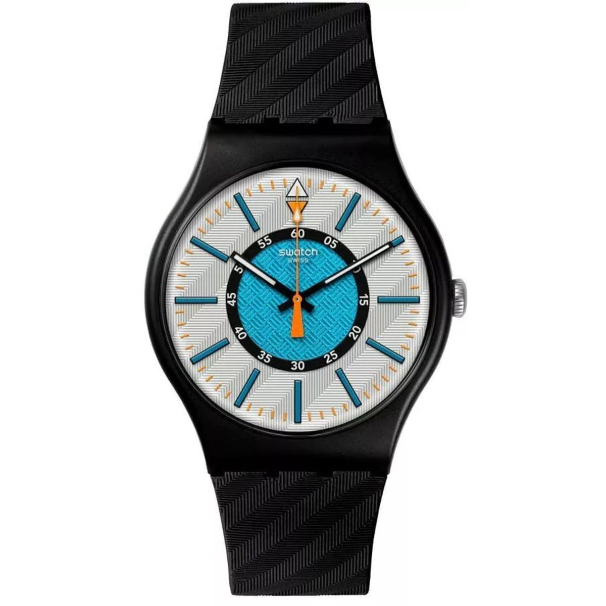 Swatch bioceramic wristwatch front view: black silicone strap, white dial with blue and orange hands.