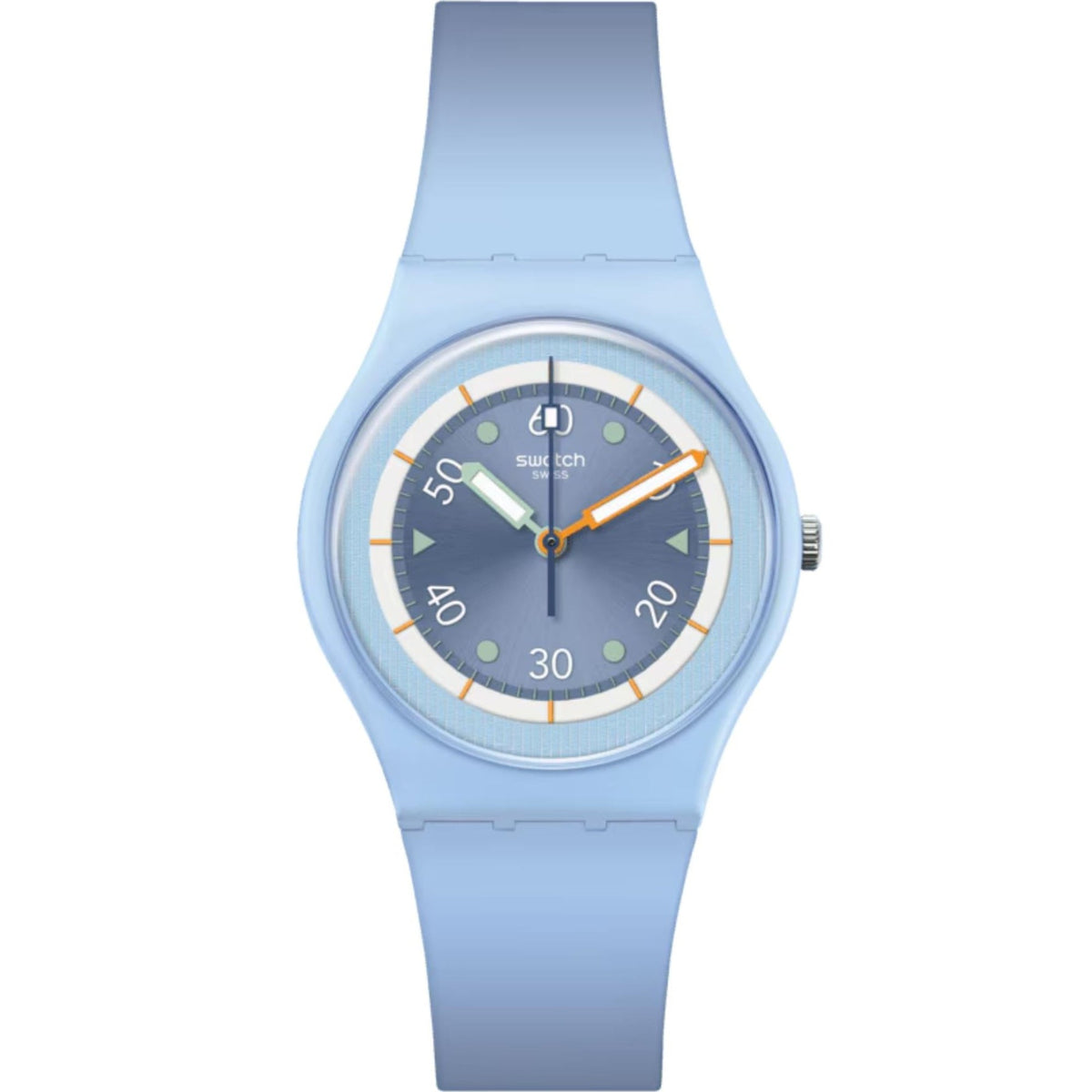 Light blue silicone watch with dark round dial, orange hands, and white minute track