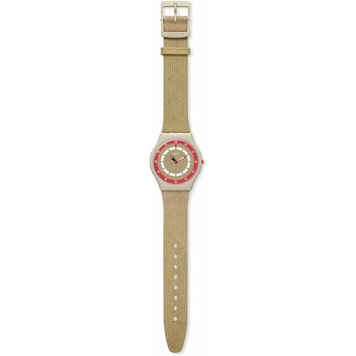 Swatch women’s slim watch with beige mesh strap and red round dial