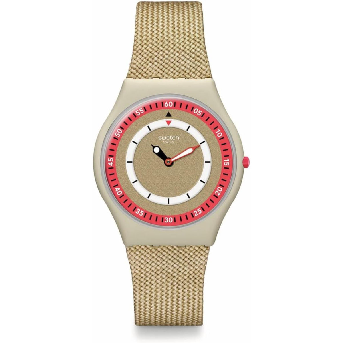 Front view of women’s ultra-slim quartz watch with tan woven strap, white face, red ring