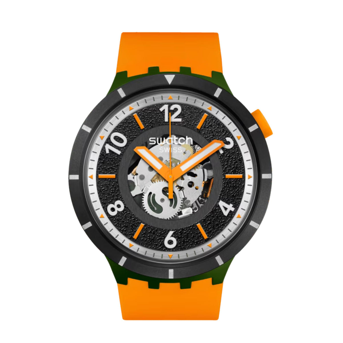 Swatch watch with black skeleton dial, orange hands, orange-and-green silicone strap