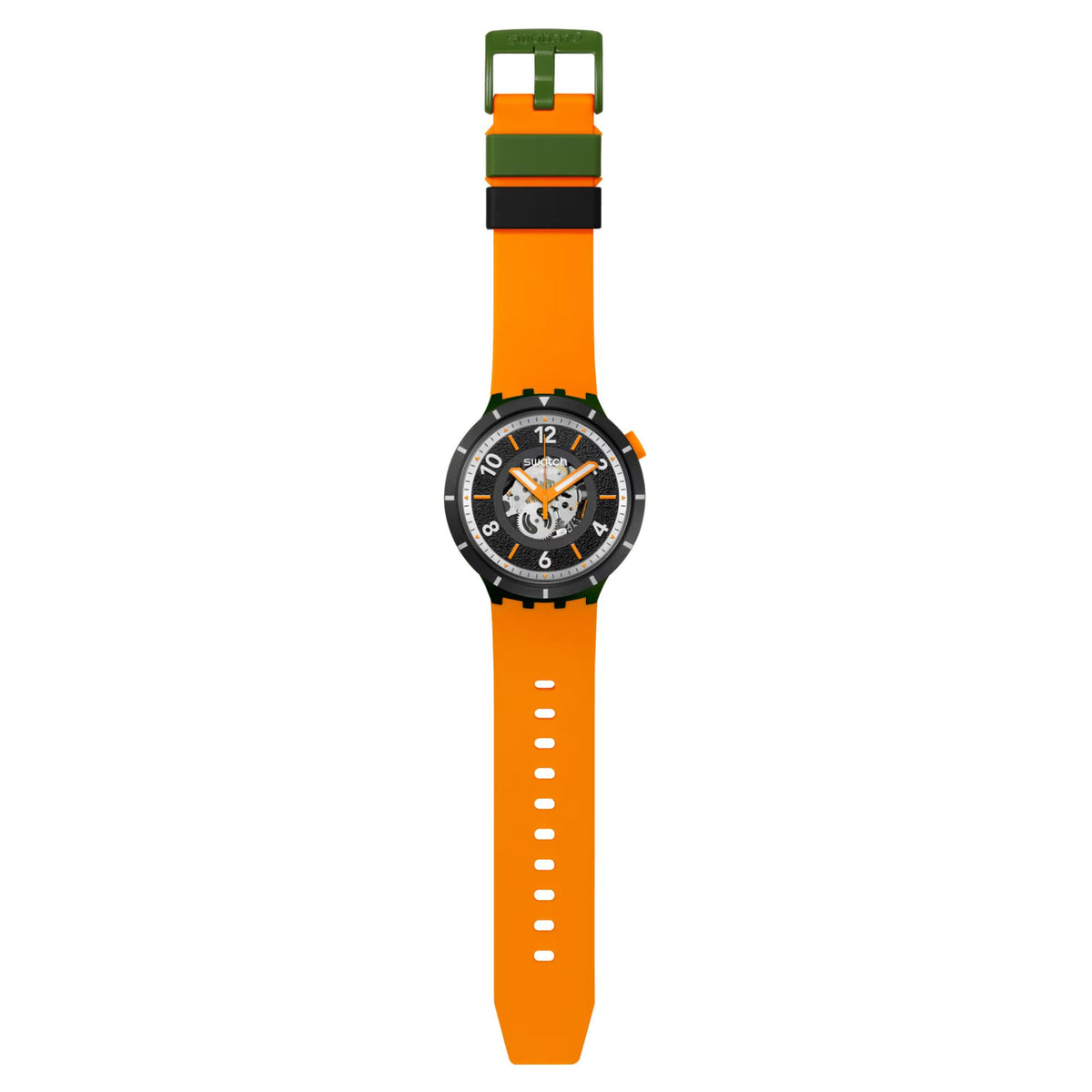 Orange silicone strap wristwatch with black dial and skeleton-style hands
