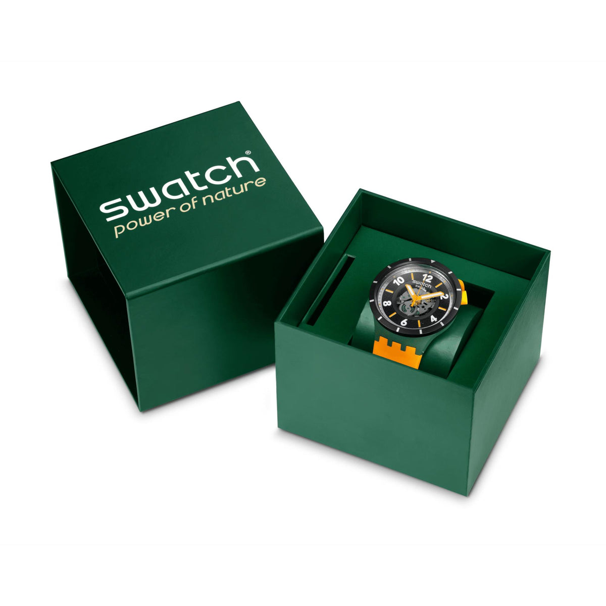 Orange silicone strap watch in green Swatch gift box with open lid